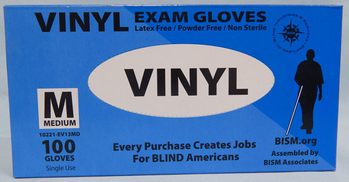 BISM Brand vinyl gloves in blue box - medium size